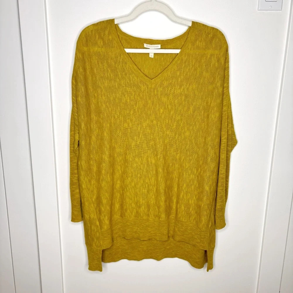 Eileen Fisher Linen Cotton V Neck Pullover  Sweater Size S Chartreuse